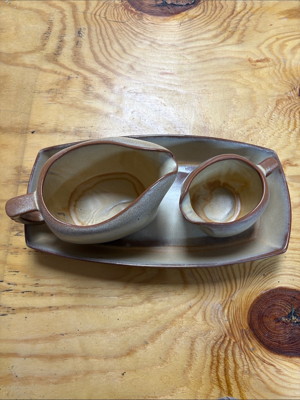 Frankoma tan and brown ceramic gravy set with platter